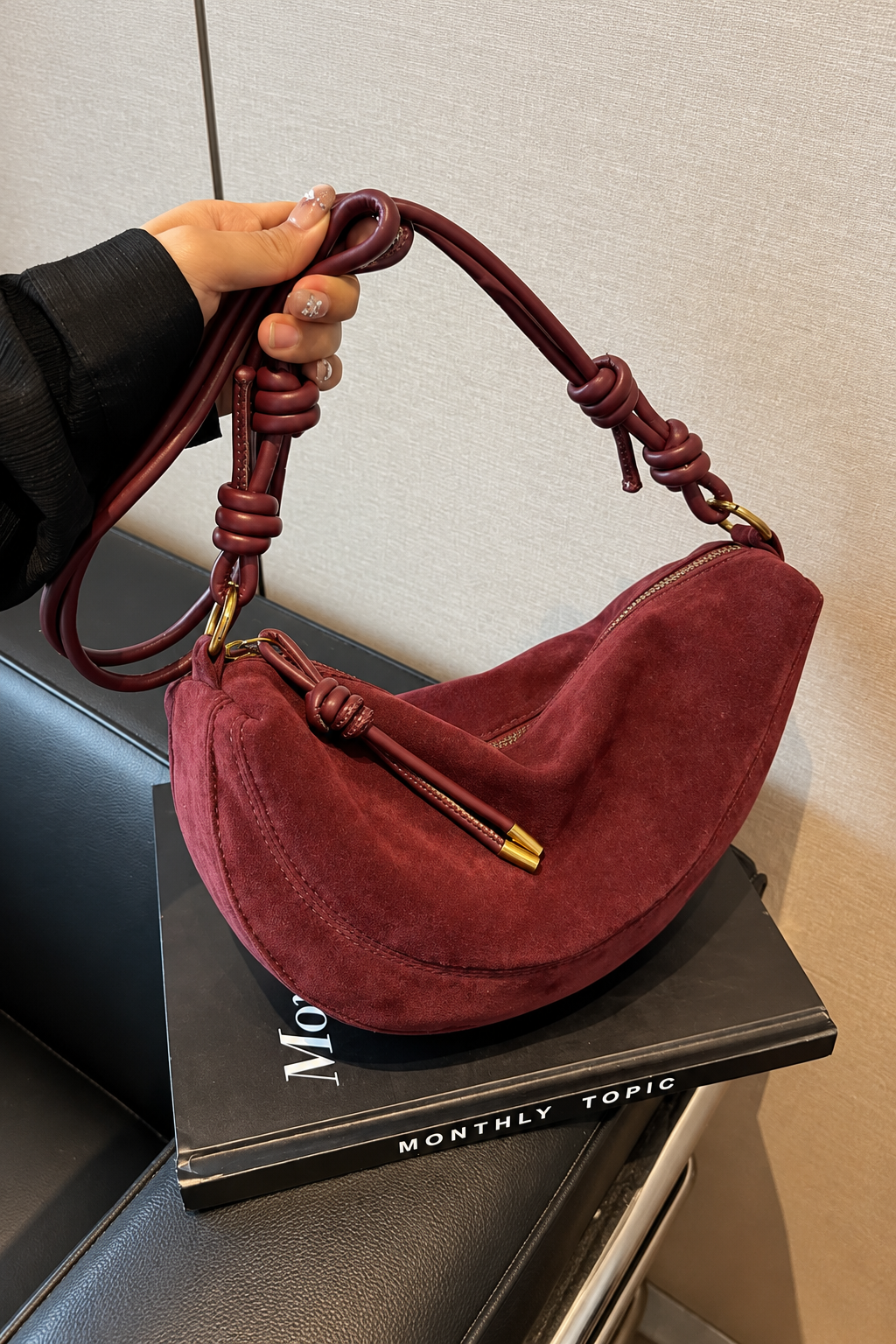 Suede-Look Crescent Shoulder Bag
