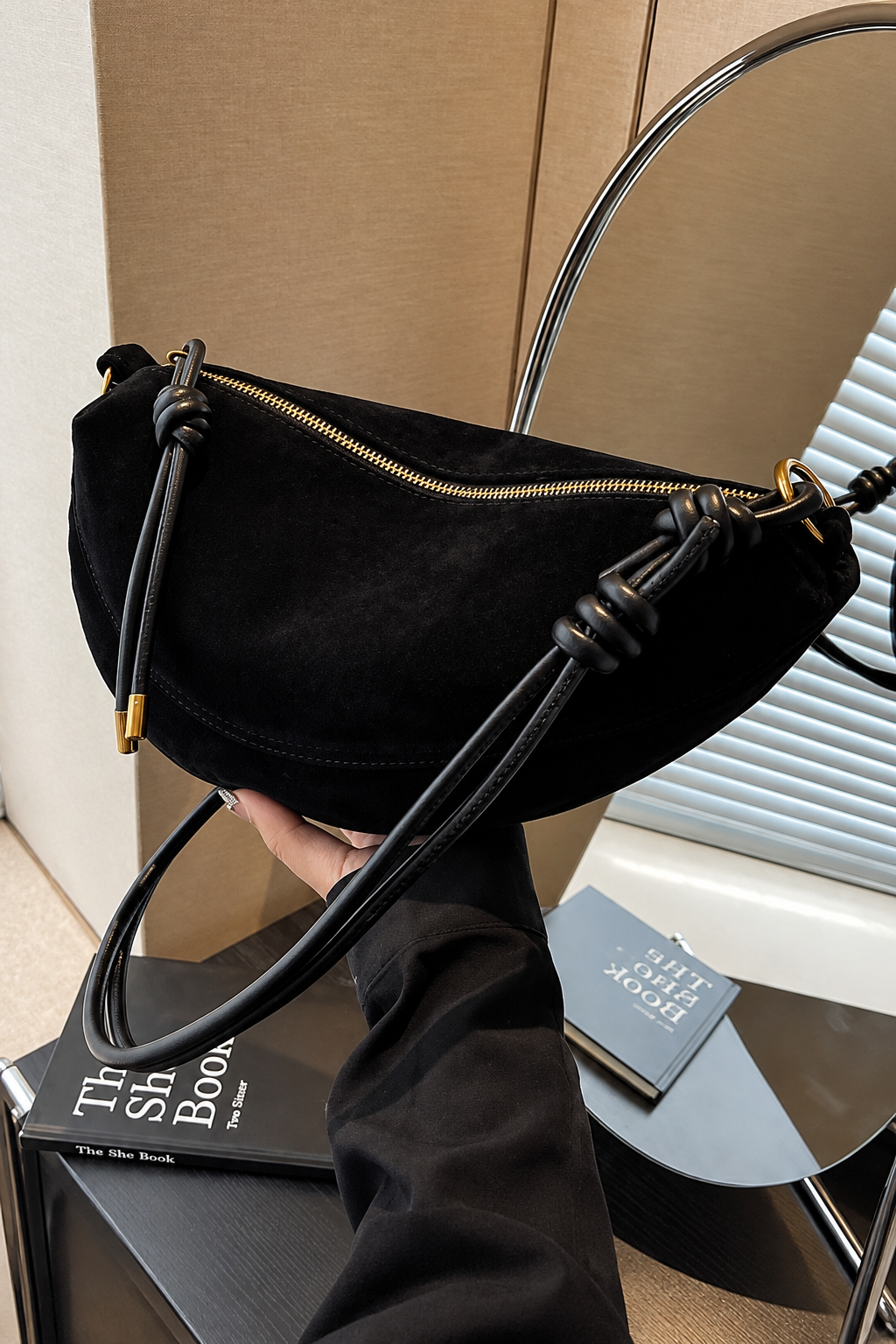 Suede-Look Crescent Shoulder Bag