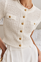 Ribbed Short Sleeve Button-Up Knit Top