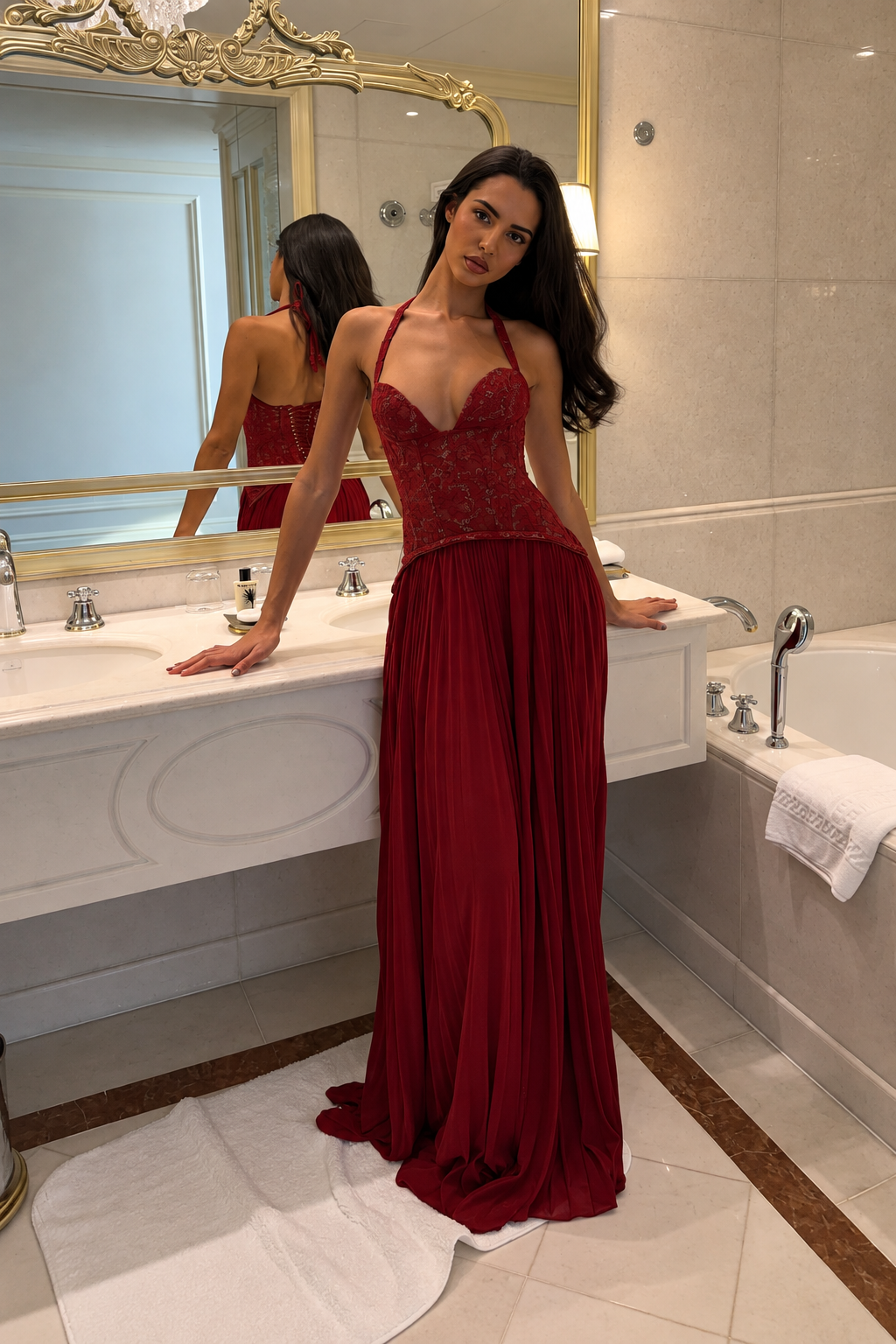 Lace Bodice Pleated Maxi Dress