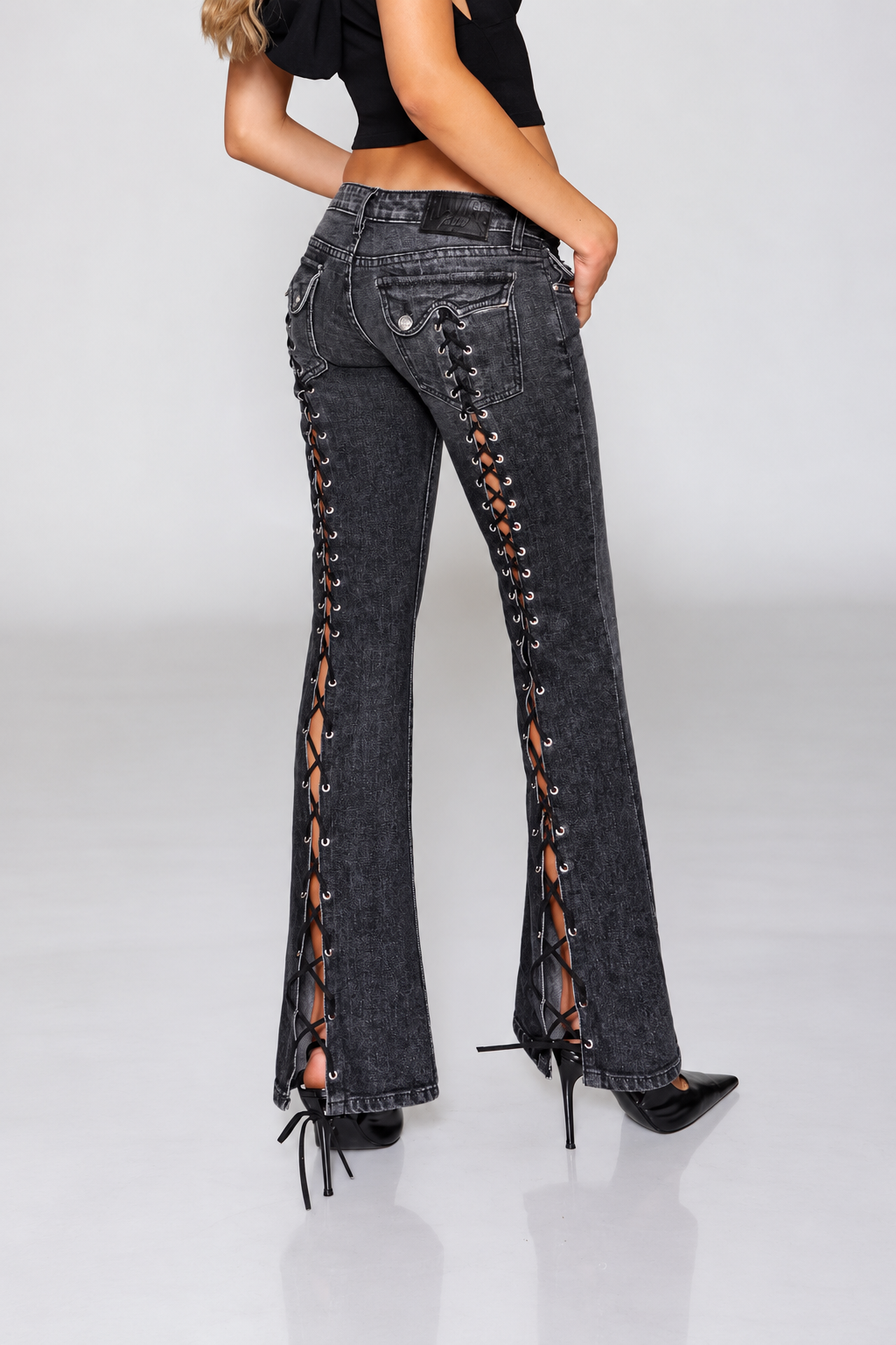 Lace-Up Side-Slit Flare Jeans