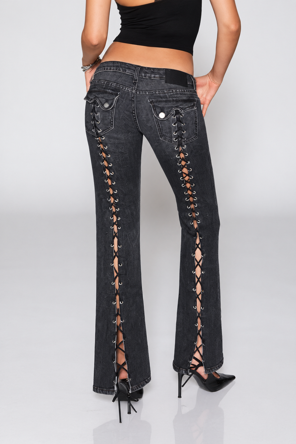 Lace-Up Side-Slit Flare Jeans