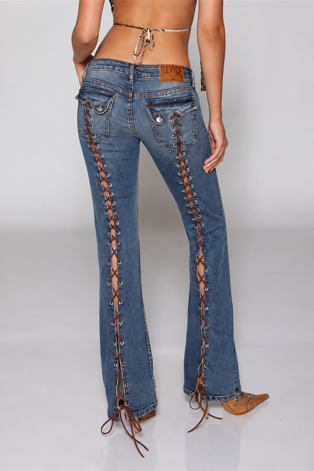 Lace-Up Side-Slit Flare Jeans