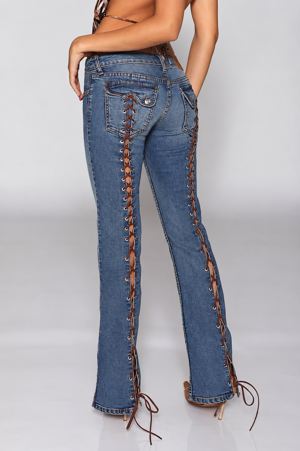 Lace-Up Side-Slit Flare Jeans