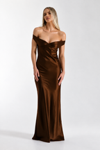 Off-Shoulder Satin Maxi Dress