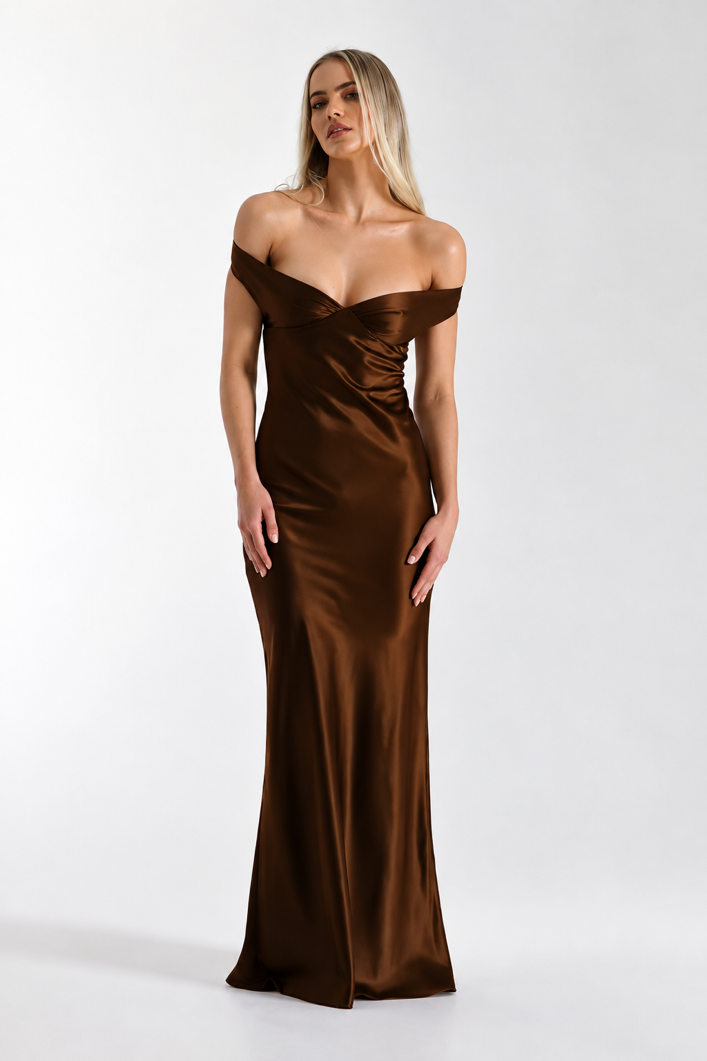 Off-Shoulder Satin Maxi Dress