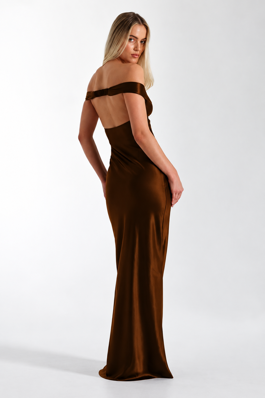 Off-Shoulder Satin Maxi Dress
