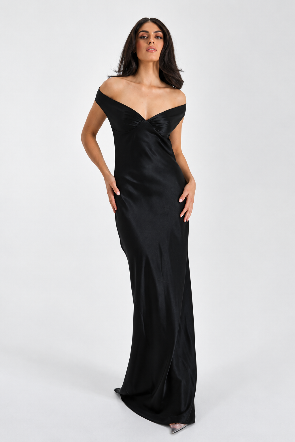 Off-Shoulder Satin Maxi Dress