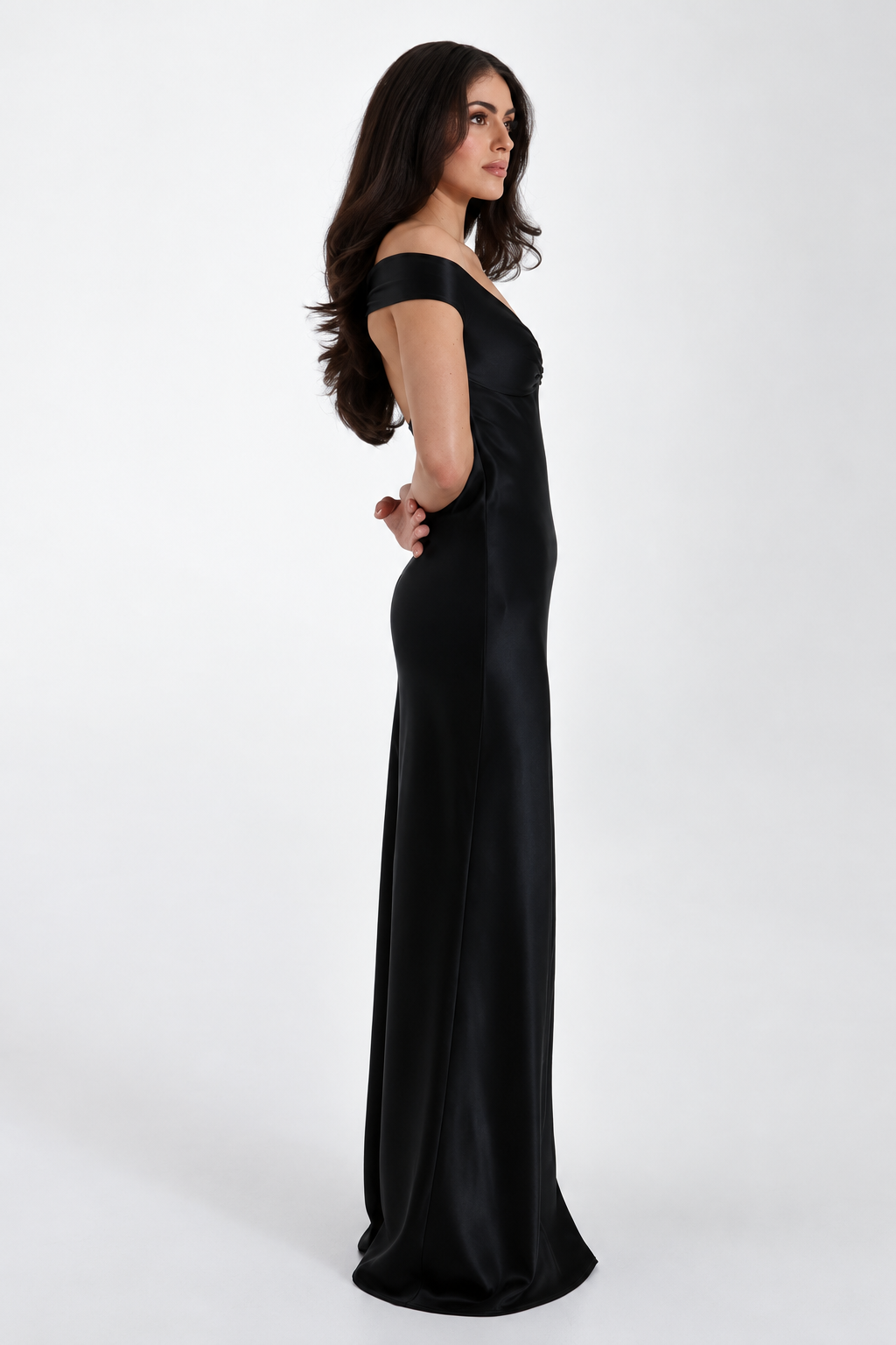 Off-Shoulder Satin Maxi Dress
