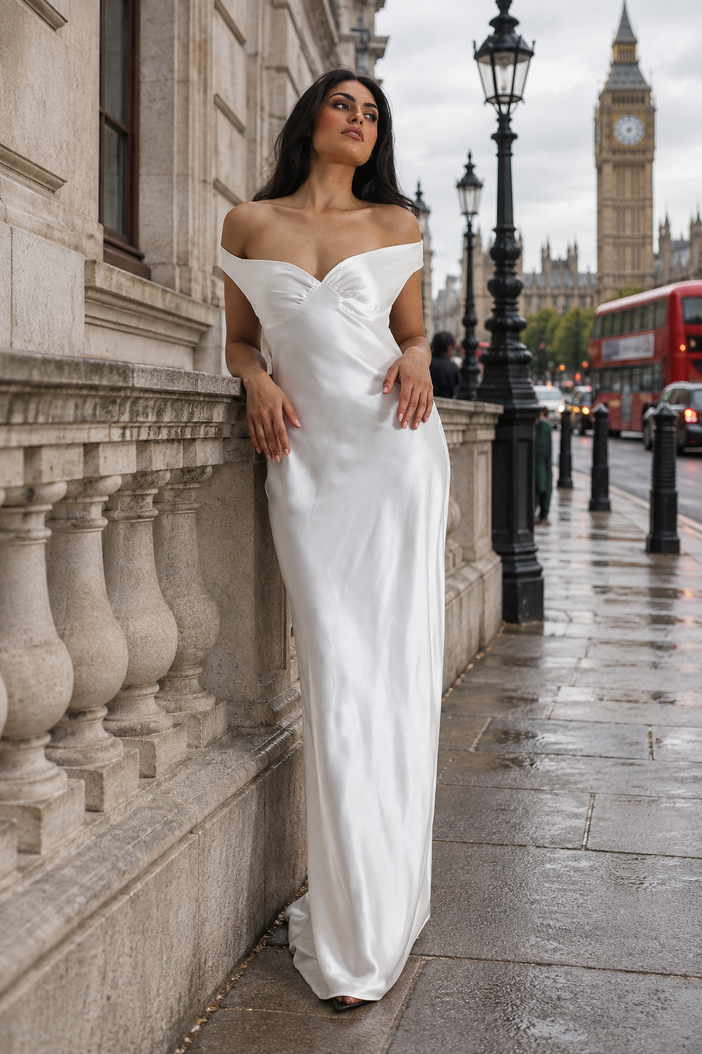 Off-Shoulder Satin Maxi Dress
