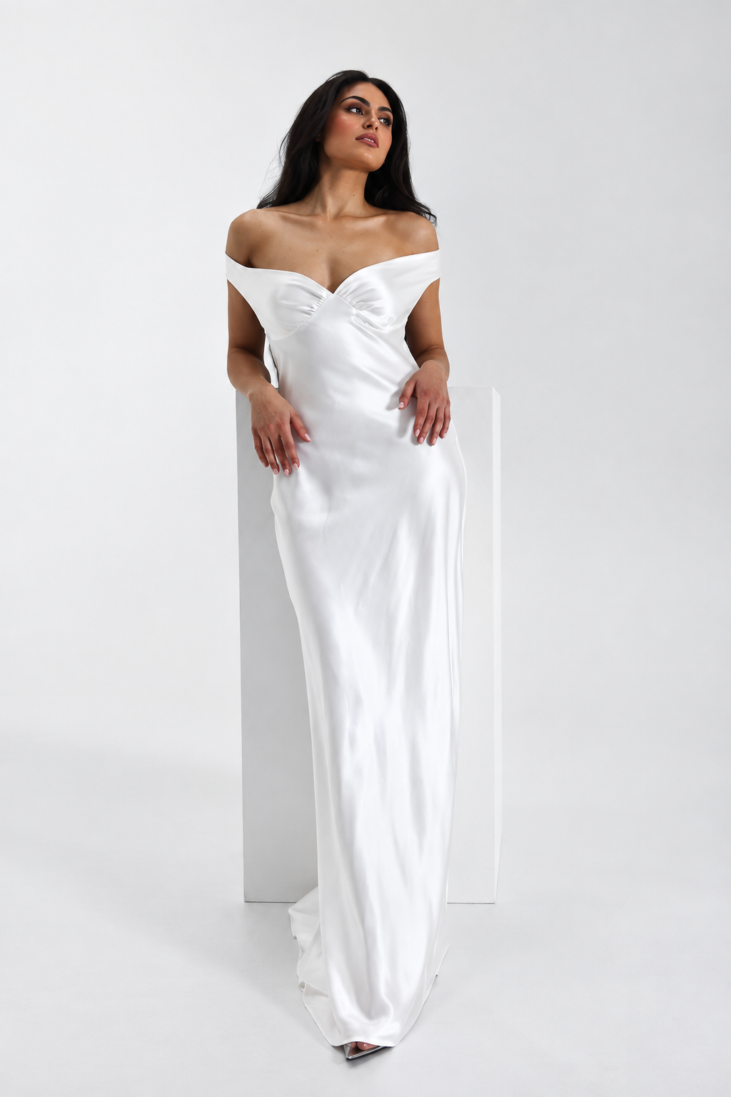 Off-Shoulder Satin Maxi Dress