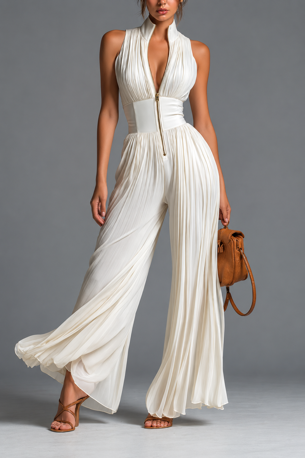 Pleated Zip-Front Wide-Leg Jumpsuit