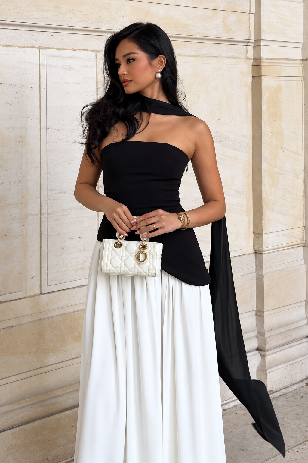 Strapless Corset Maxi Dress with Scarf