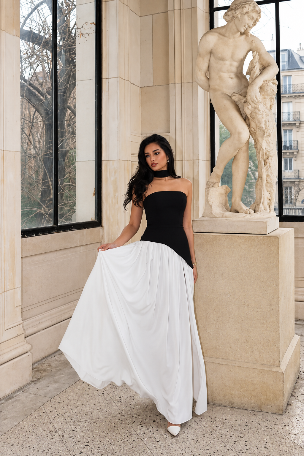 Strapless Corset Maxi Dress with Scarf