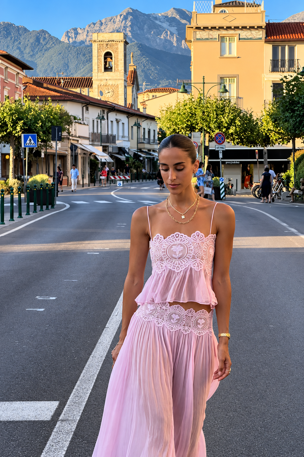 Lace Detail Pleated Two-Piece Set