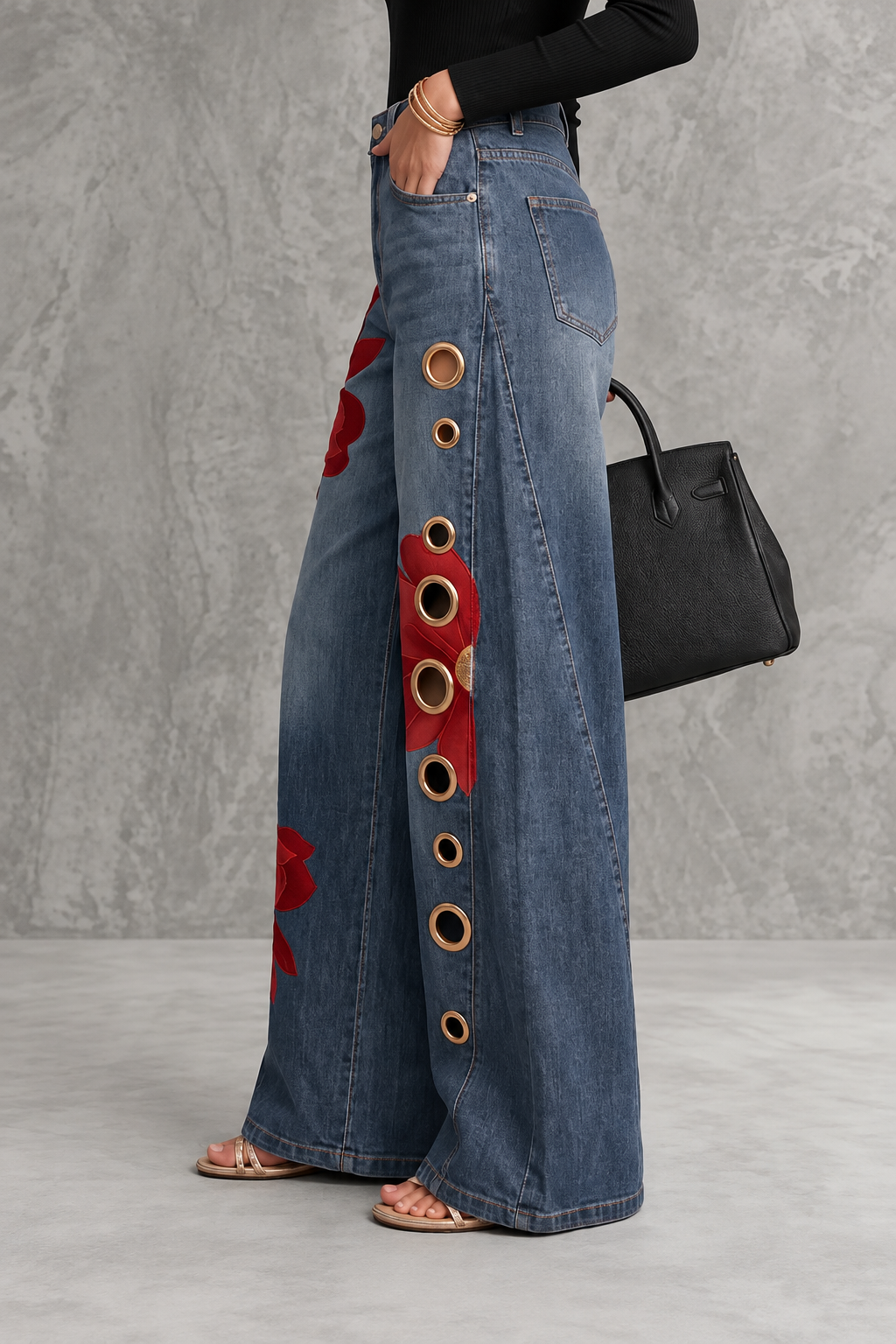 Floral Eyelet Wide-Leg Jeans