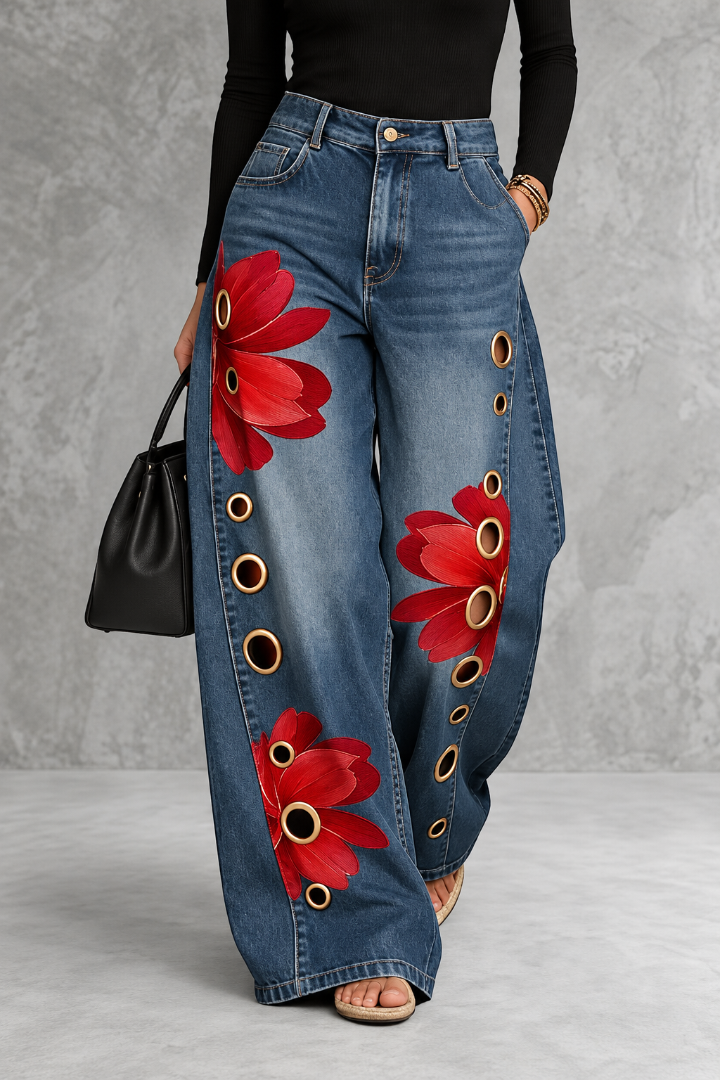 Floral Eyelet Wide-Leg Jeans
