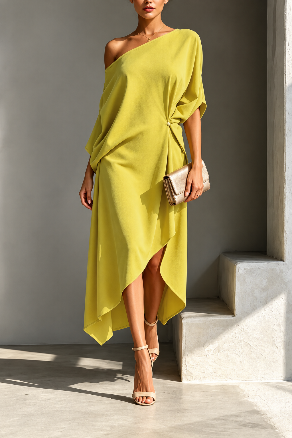 Asymmetric Draped Midi Dress