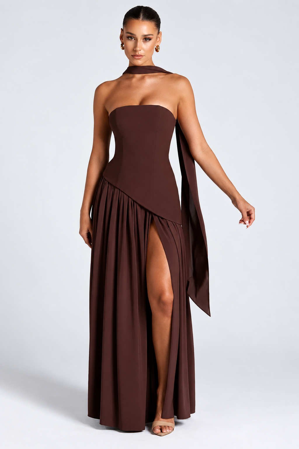 Strapless Corset Maxi Dress with Scarf