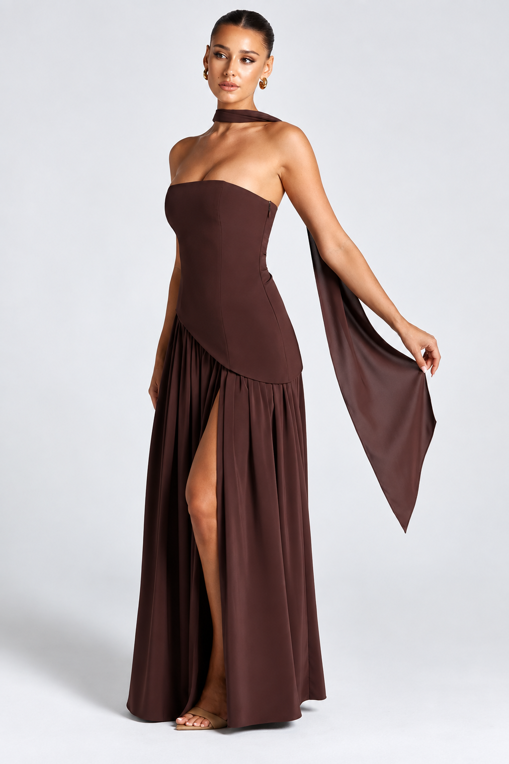 Strapless Corset Maxi Dress with Scarf