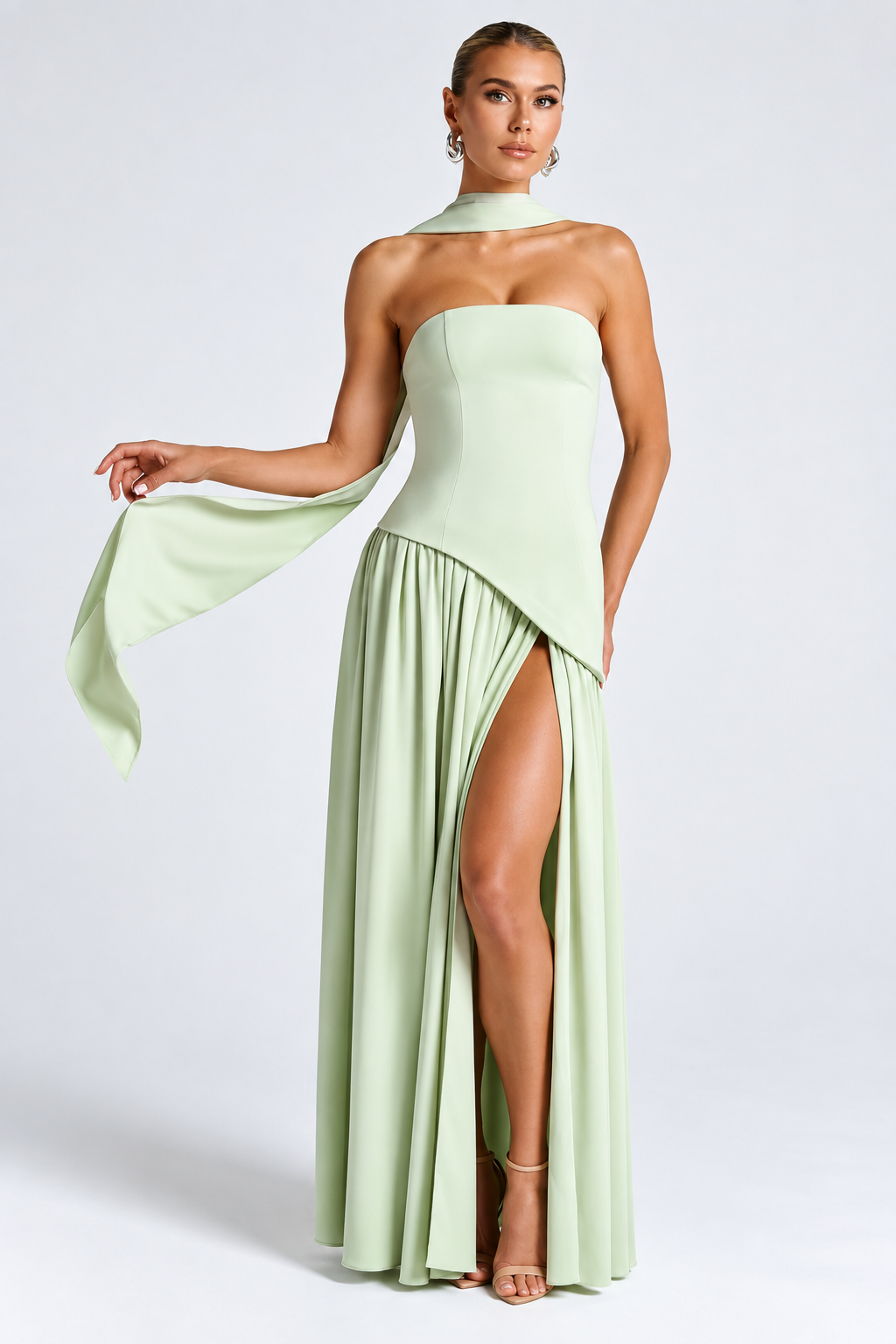 Strapless Corset Maxi Dress with Scarf