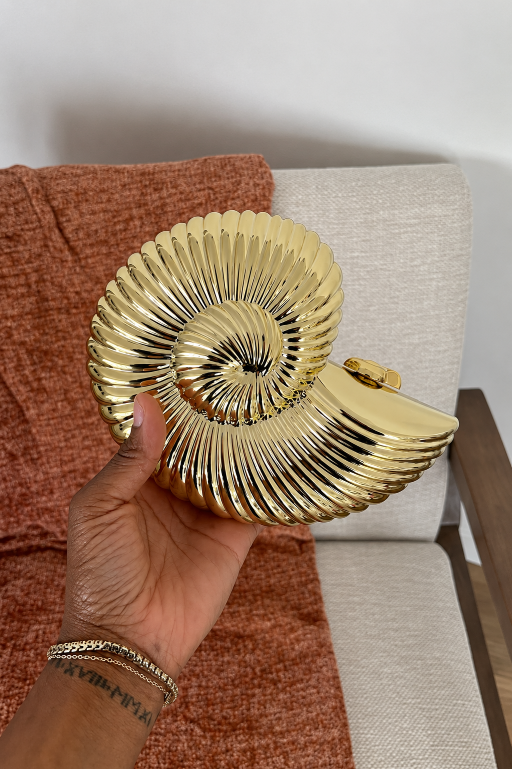 Gold Ribbed Shell Clutch Bag