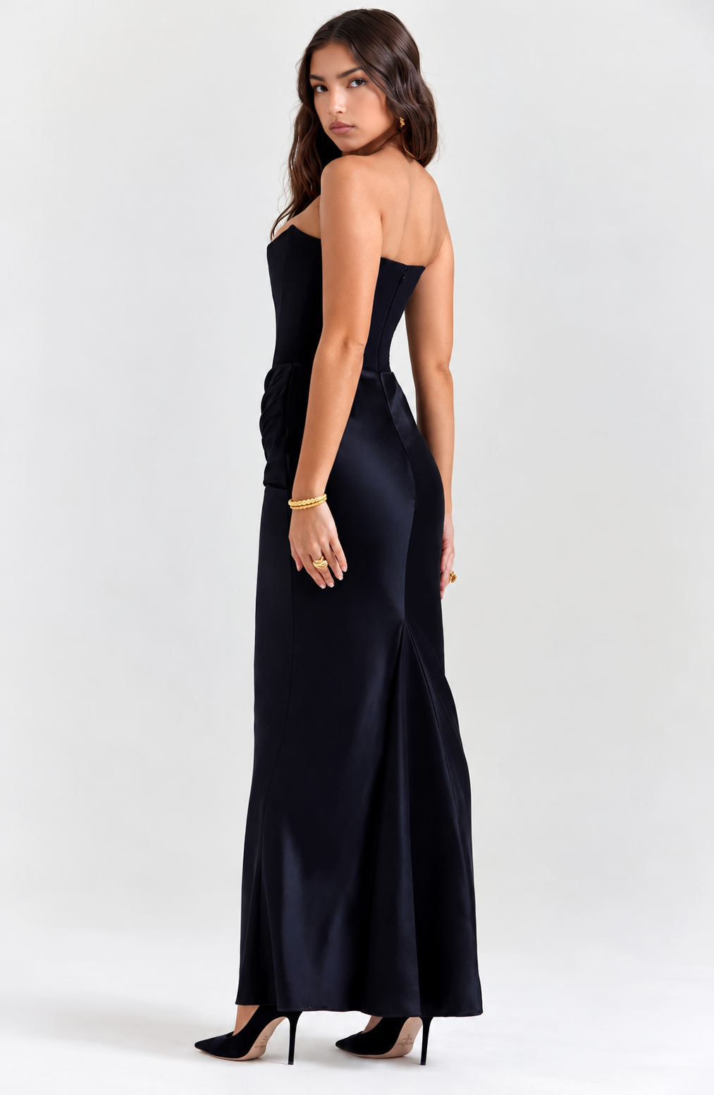 Ruched Satin Corset Maxi Dress