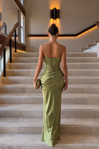 Olive Green Satin Ruched Maxi Dress