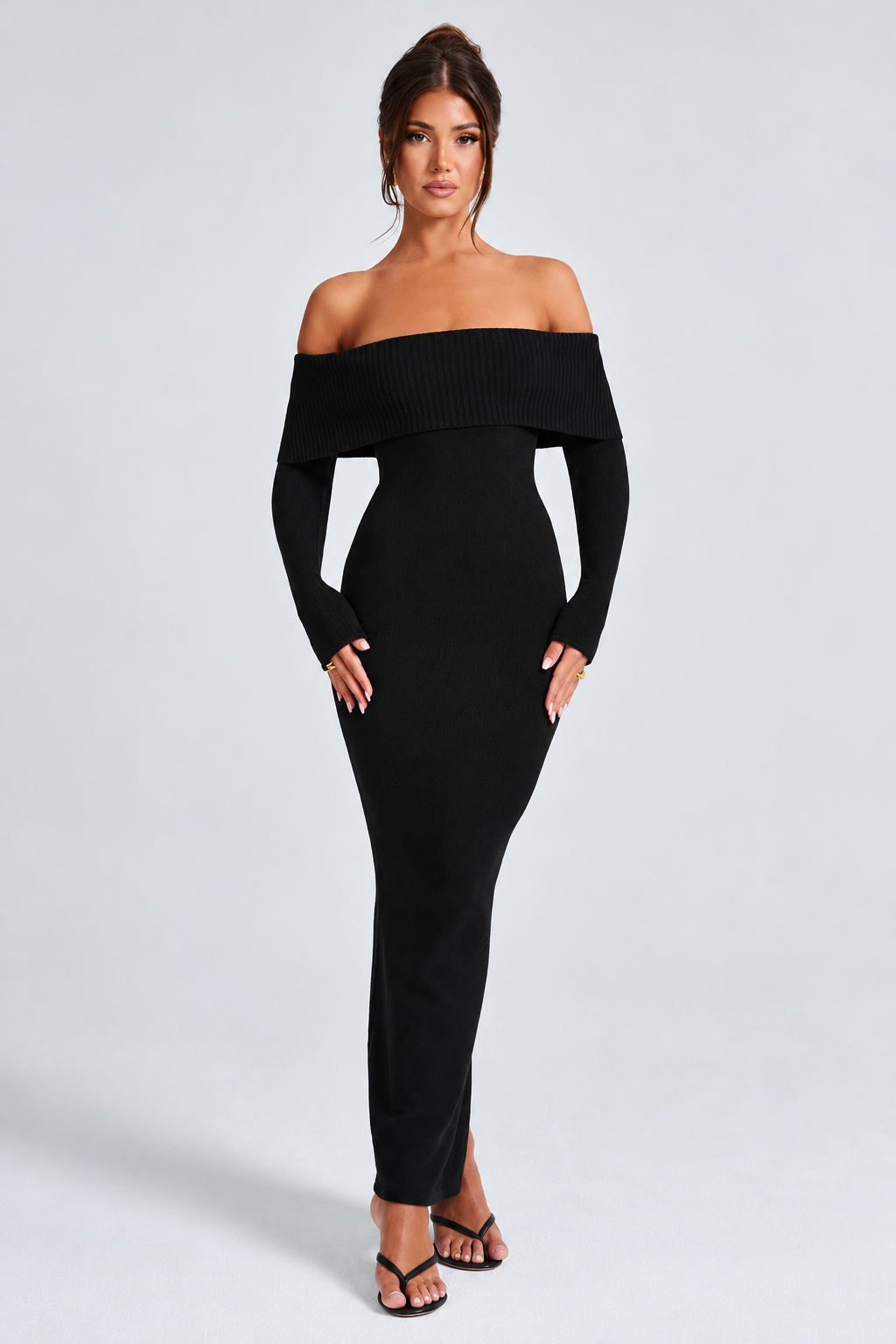 Off-Shoulder Ribbed Knit Maxi Dress