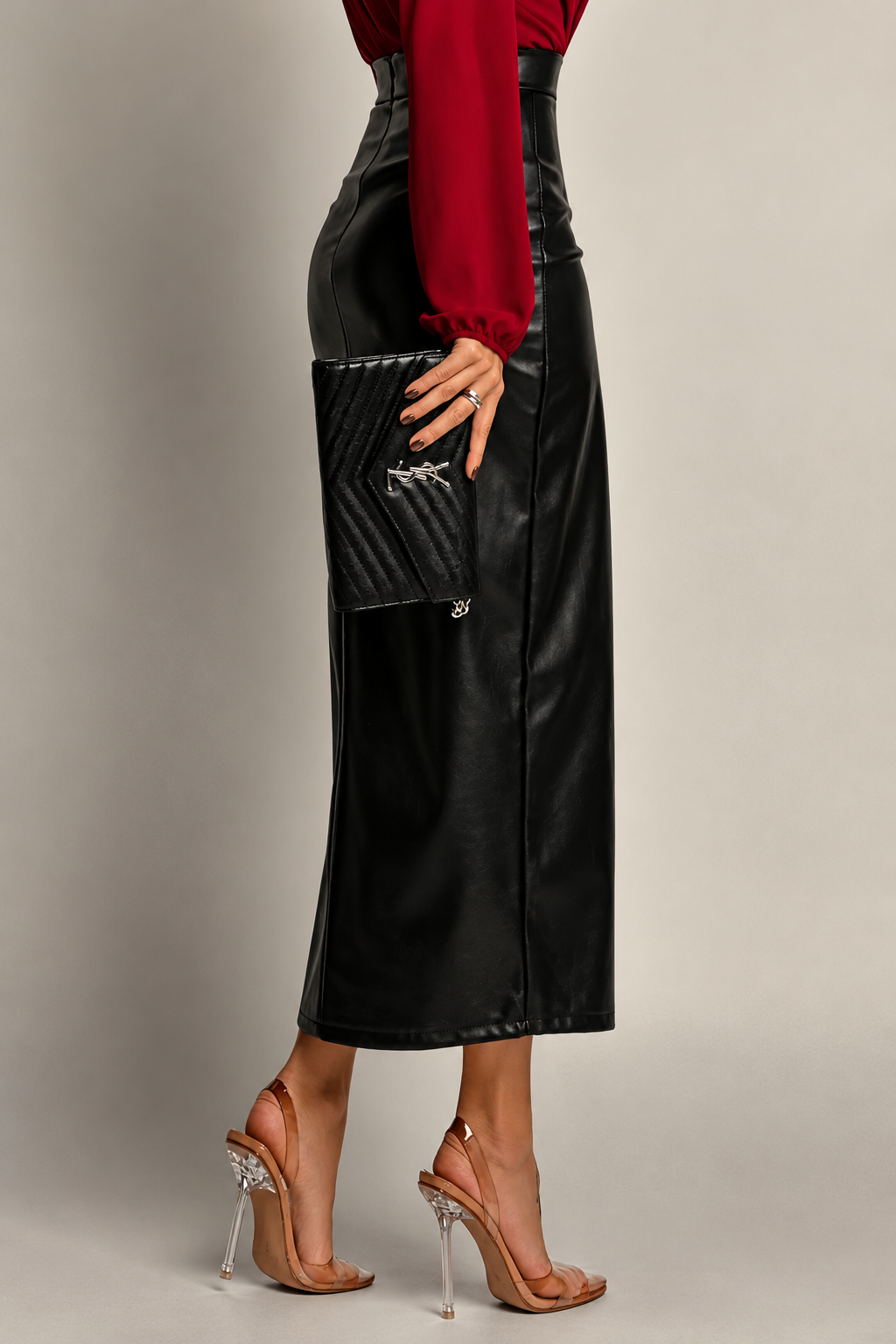 High-Waisted Faux Leather Midi Skirt with Side Slit