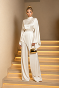 Satin Cape Top & Wide-Leg Pants Set