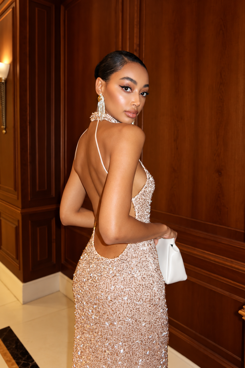 Champagne Embellished Halter Maxi Dress
