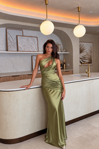 Olive Green Satin Ruched Maxi Dress