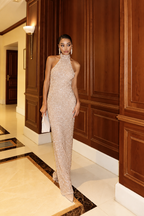 Champagne Embellished Halter Maxi Dress