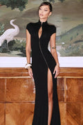 Black Cap-Sleeve High-Slit Maxi Dress