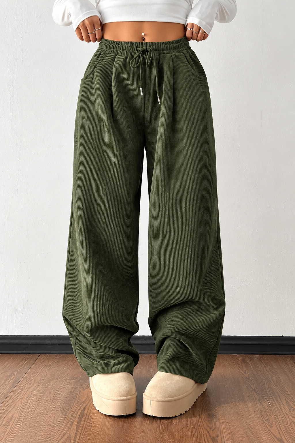 Ribbed Wide-Leg Drawstring Pants