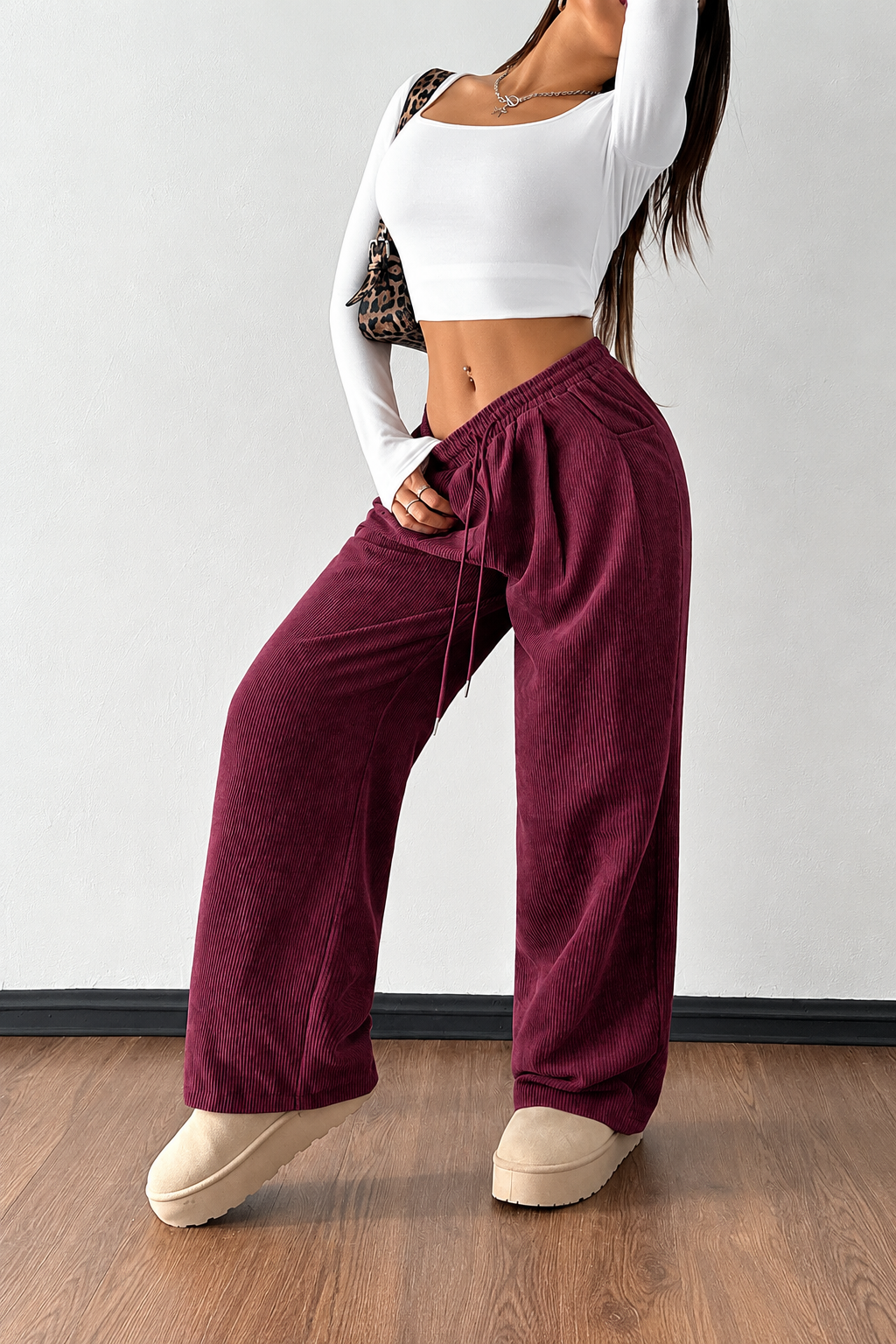Ribbed Wide-Leg Drawstring Pants