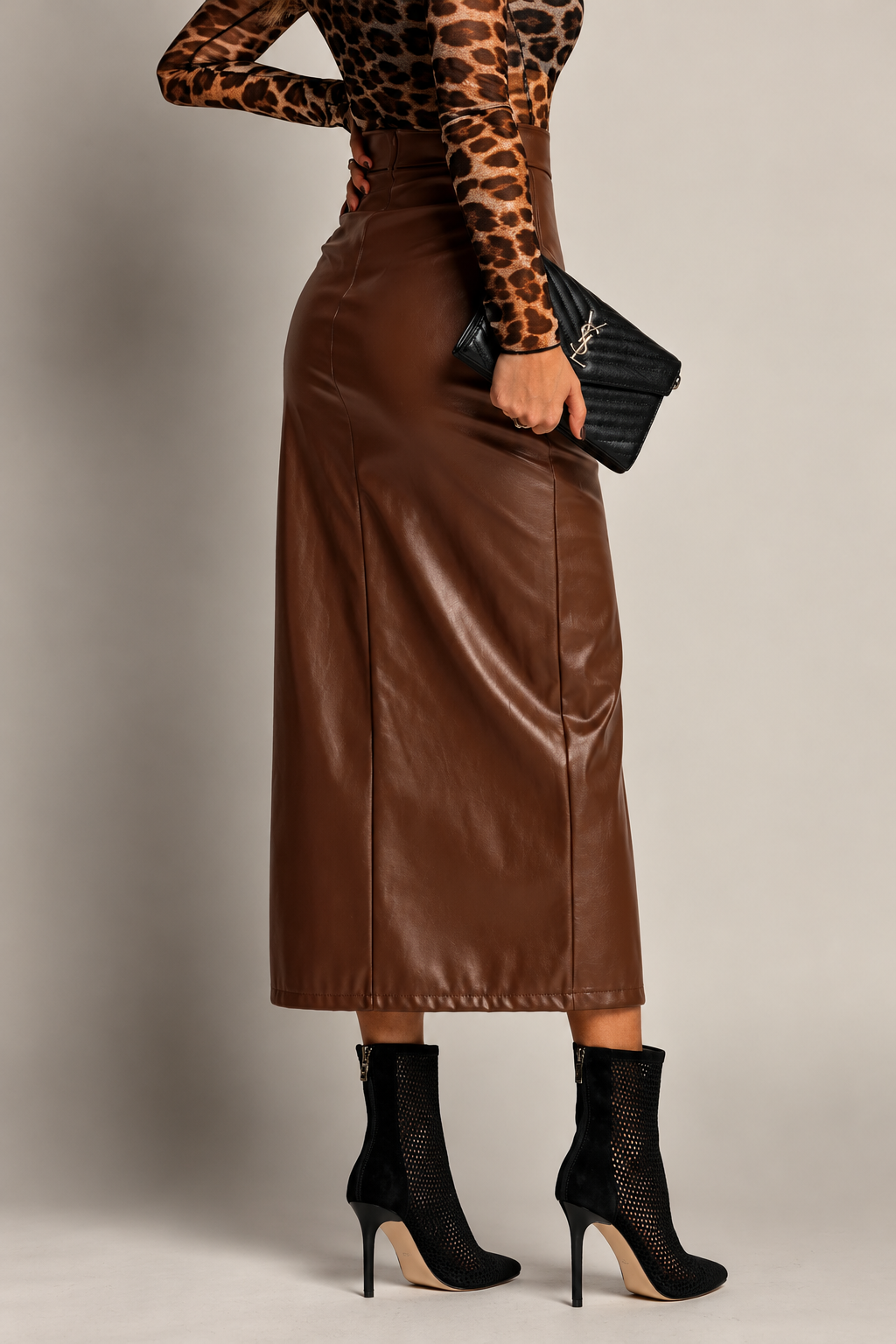 High-Waisted Faux Leather Midi Skirt with Side Slit