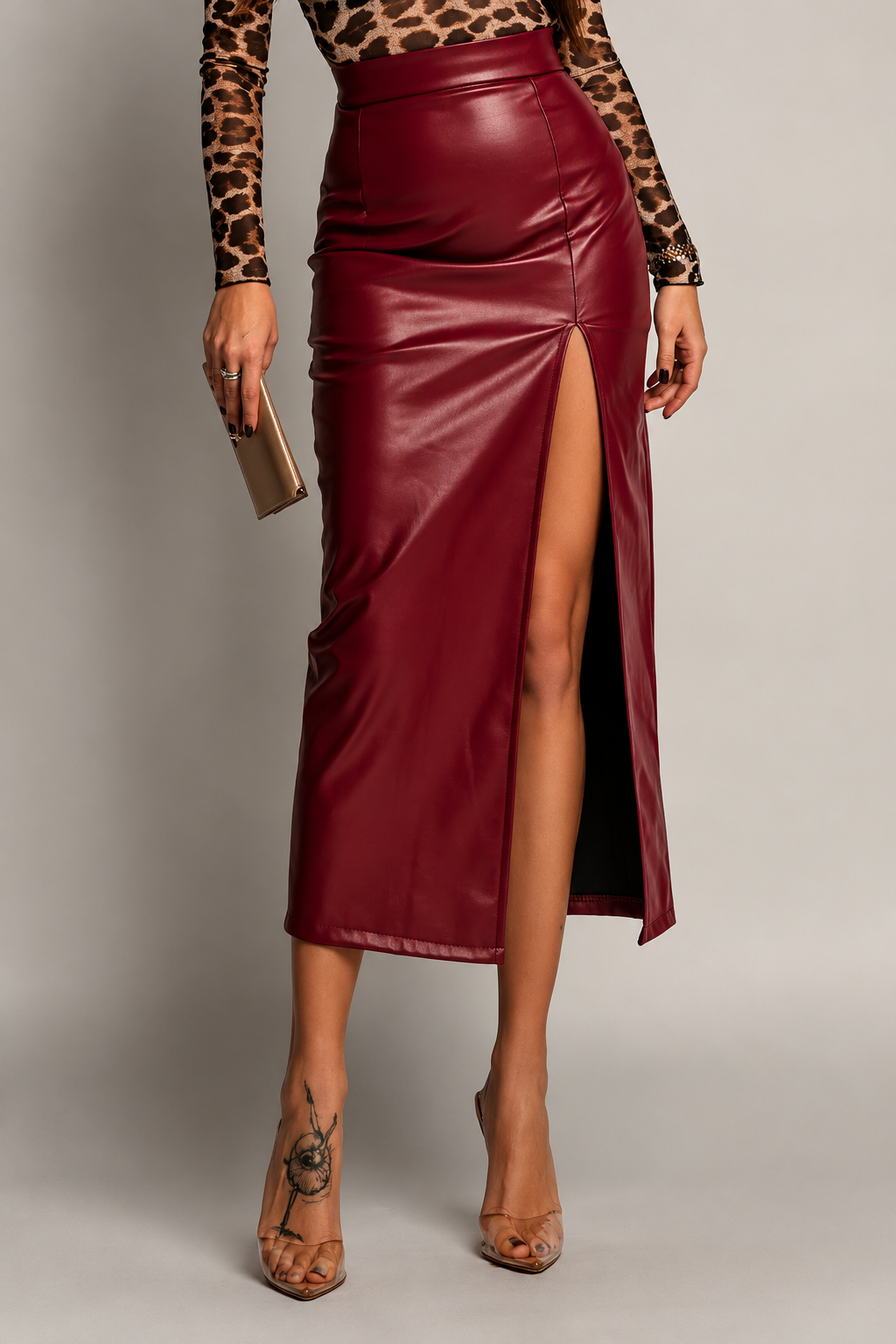 High-Waisted Faux Leather Midi Skirt with Side Slit