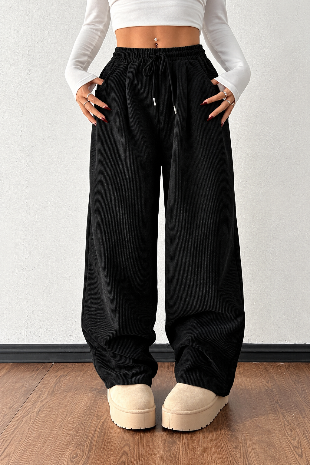 Ribbed Wide-Leg Drawstring Pants