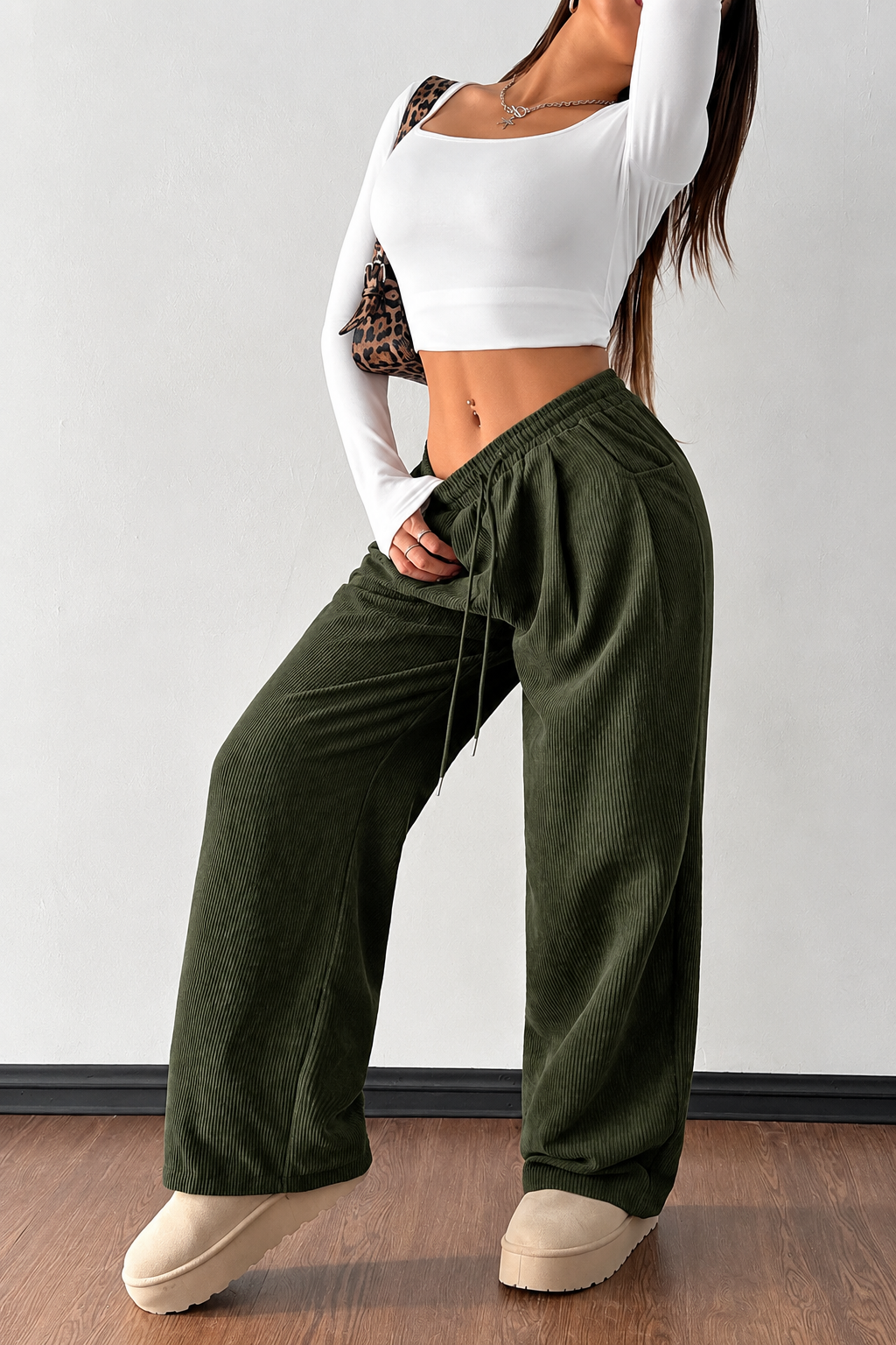 Ribbed Wide-Leg Drawstring Pants
