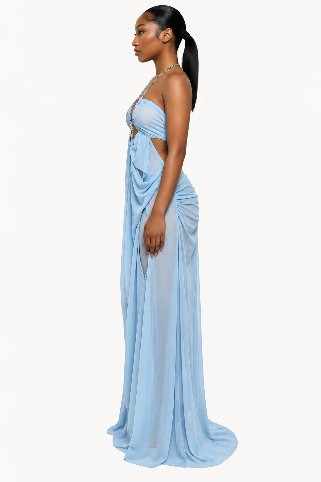 Draped Chain-Detail Cutout Maxi Dress