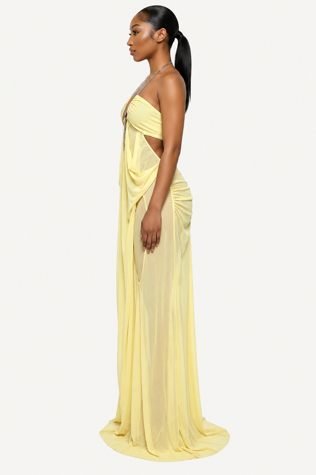 Draped Chain-Detail Cutout Maxi Dress