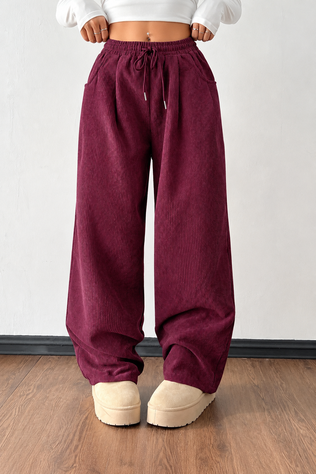 Ribbed Wide-Leg Drawstring Pants
