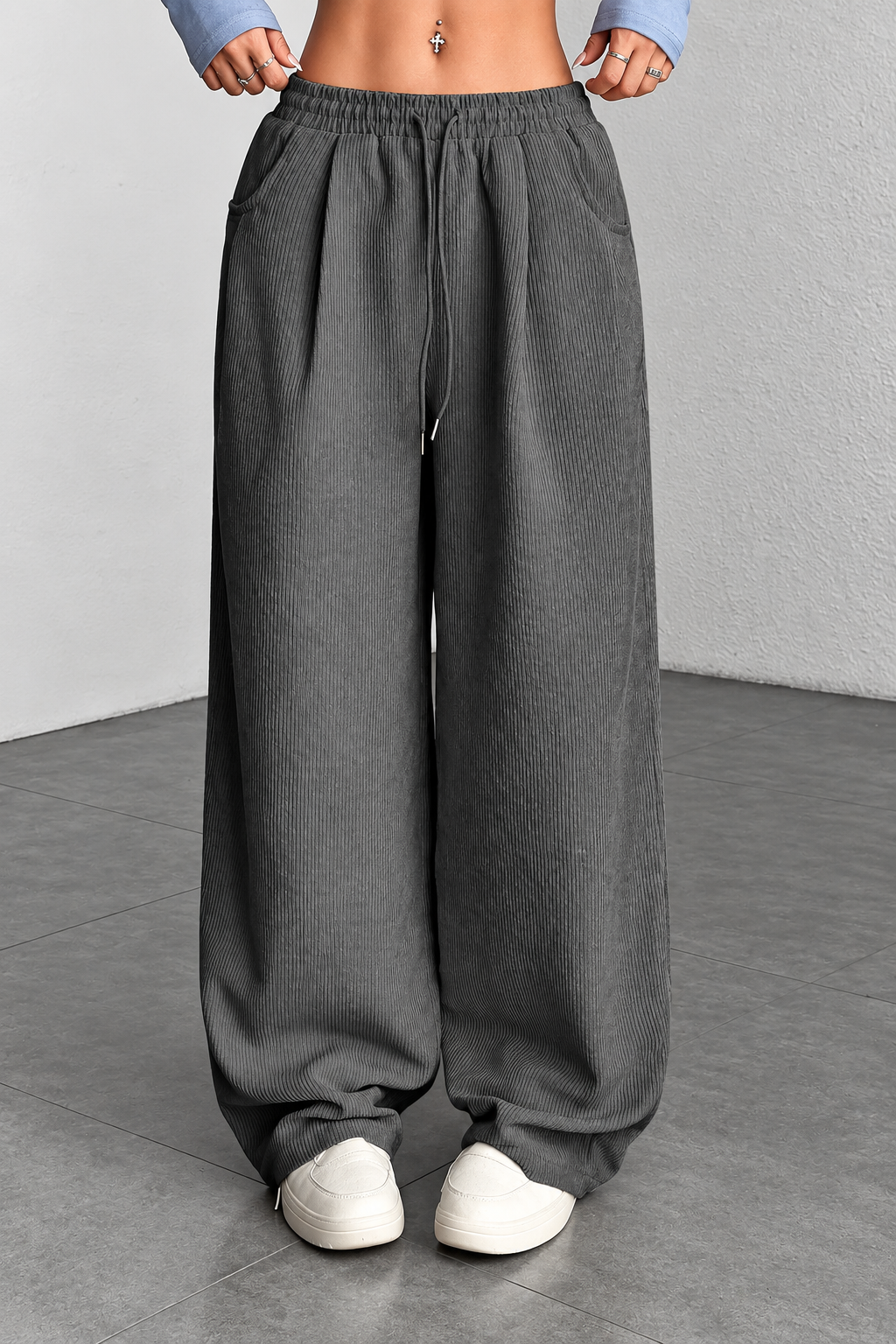 Ribbed Wide-Leg Drawstring Pants