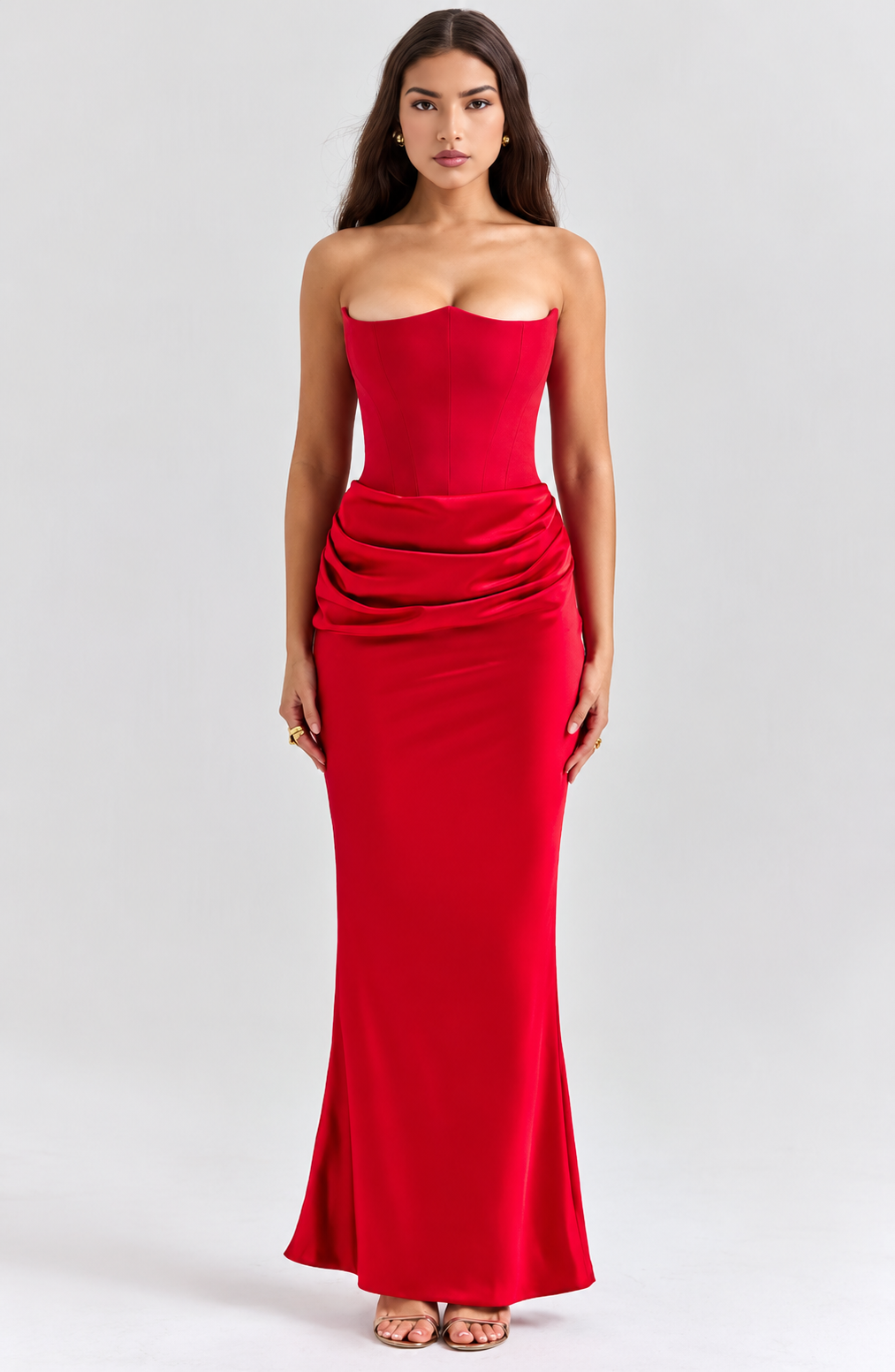 Ruched Satin Corset Maxi Dress