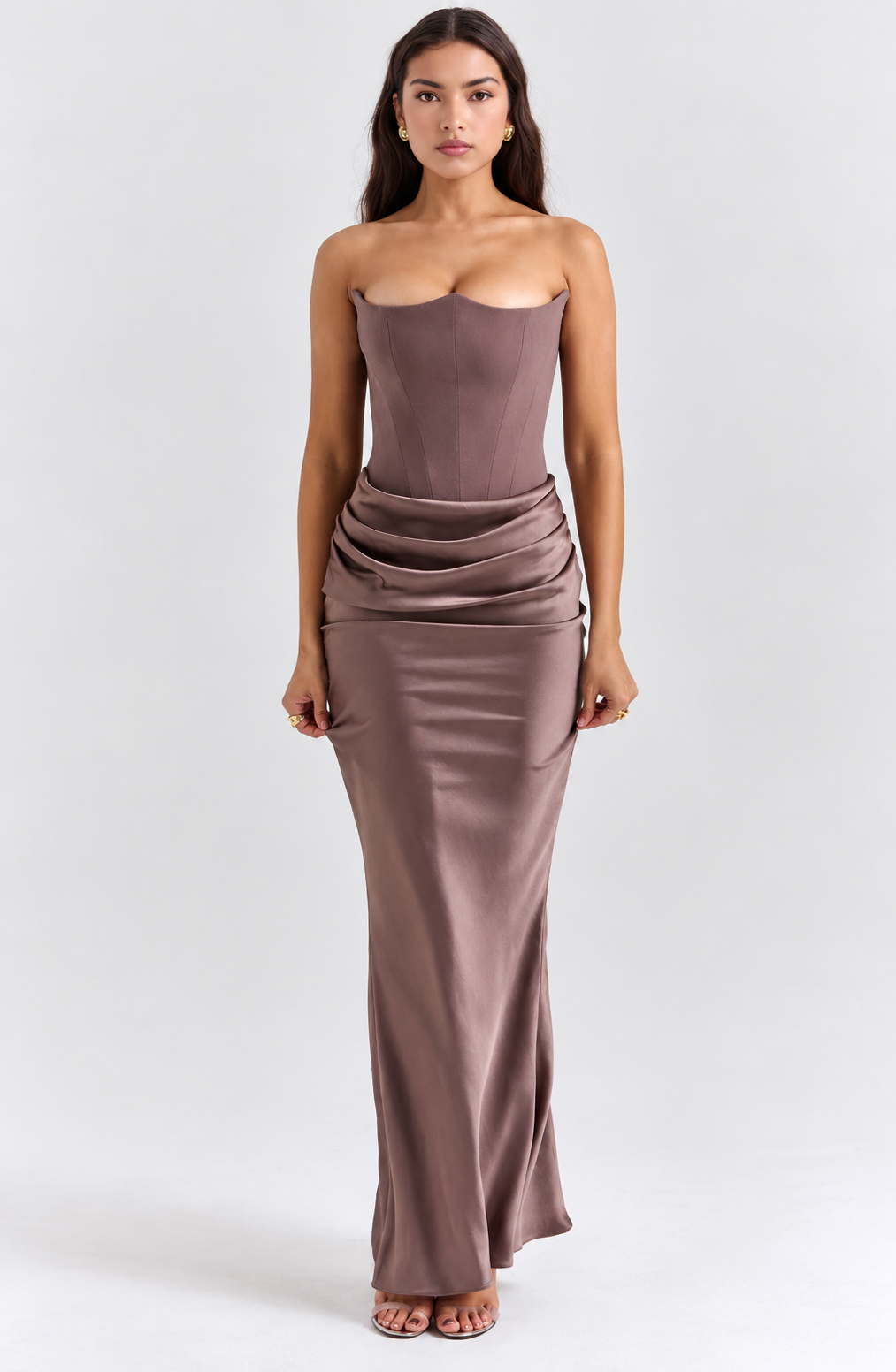 Ruched Satin Corset Maxi Dress