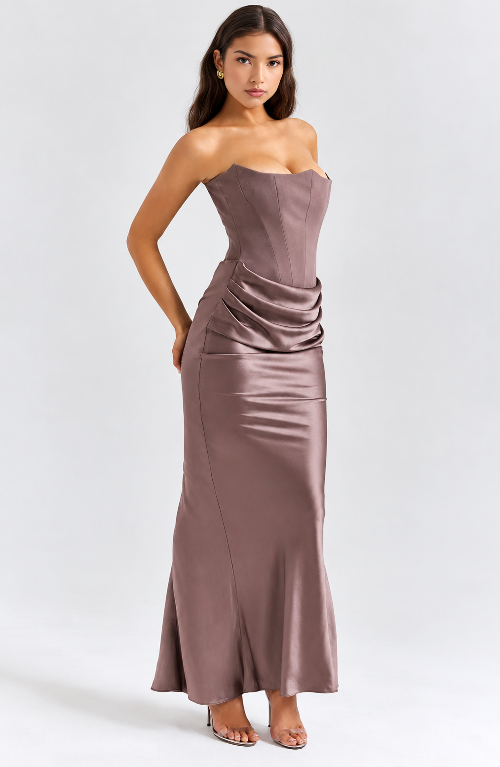 Ruched Satin Corset Maxi Dress