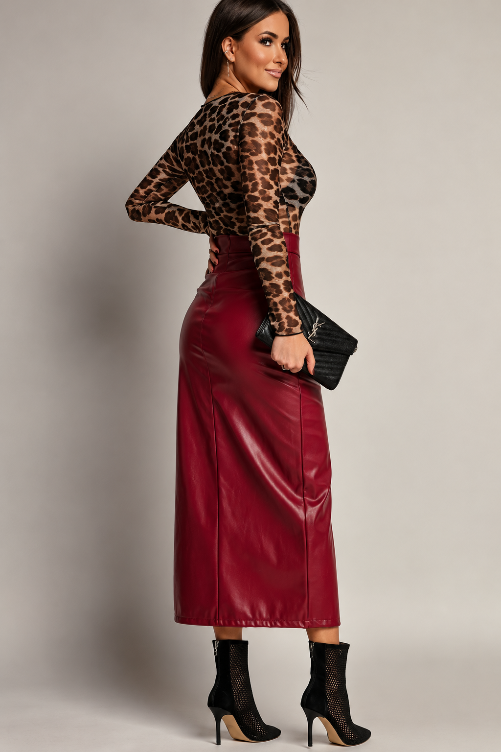 High-Waisted Faux Leather Midi Skirt with Side Slit