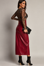 High-Waisted Faux Leather Midi Skirt with Side Slit